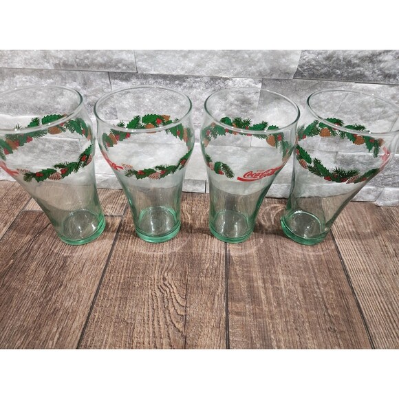 Vintage 12 " Green Tint Christmas Coca-Cola Glasses   Set Of 7 - Picture 10 of 11
